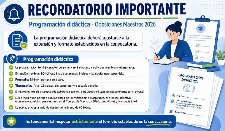 Opositores/as Maestros/as 2026. Segunda Prueba. Recordatorio formato de la programación didáctica.